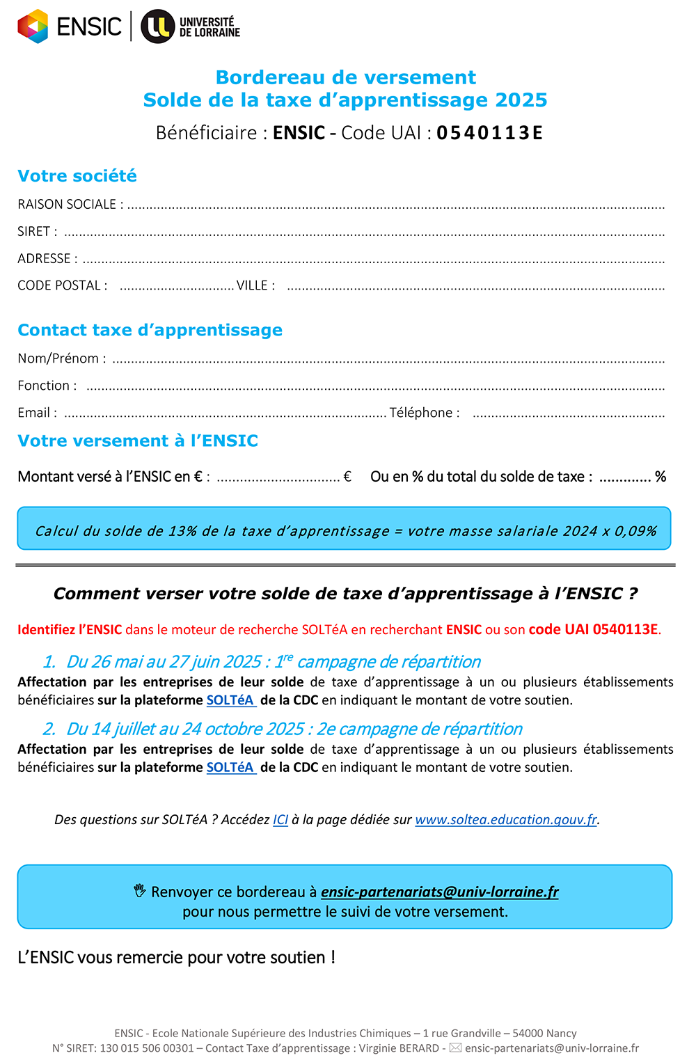 Bordereau versement TA 2025