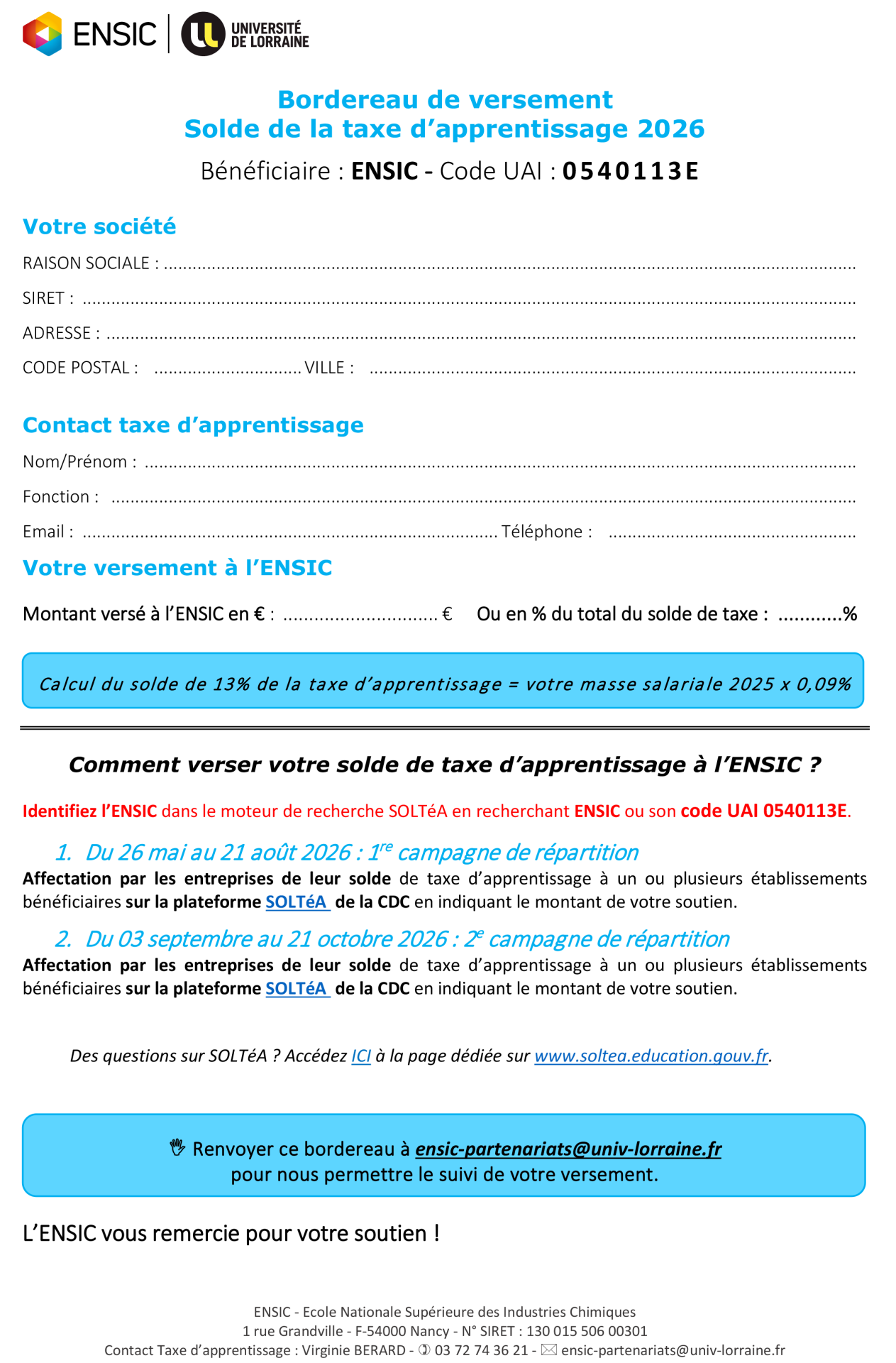 Bordereau versement TA 2026